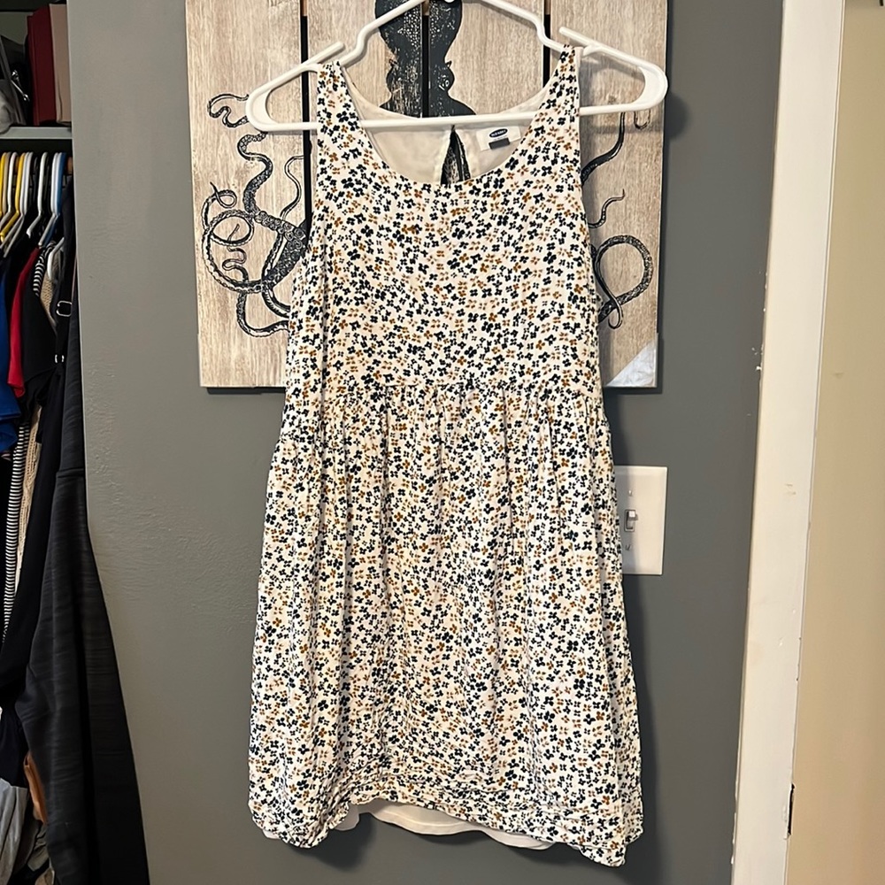 Old Navy Floral Dress Size S Small Tank Top White Blue Gold Side Zipper